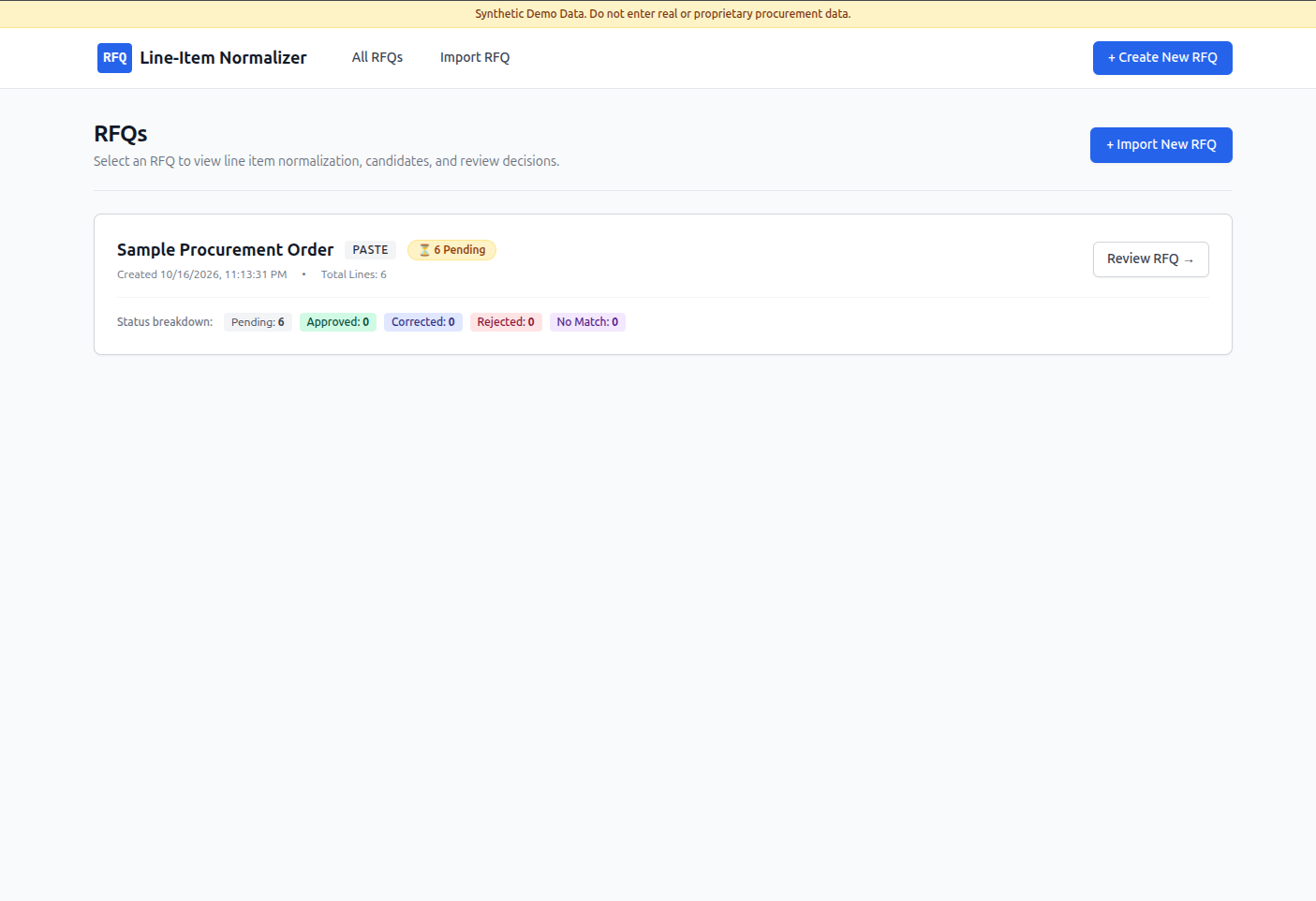 RFQ Line-Item Normalizer preview showing catalog matching and decision concurrency